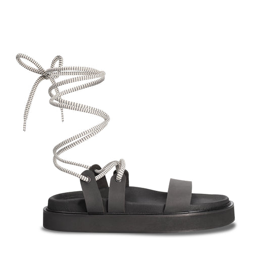 Acacia Black Vegan Flat, cushioned sandals with cords