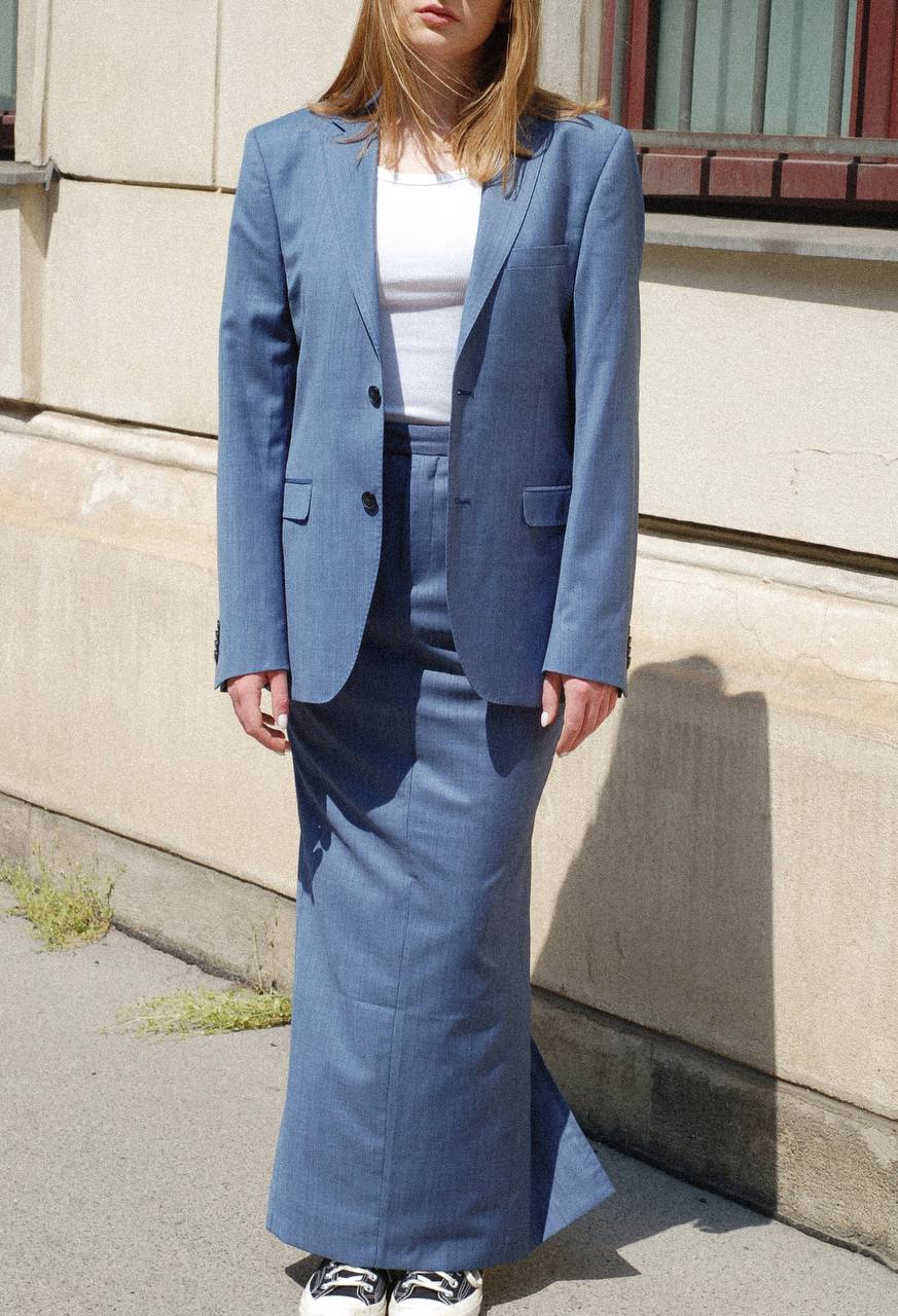 Blue suit with a long skirt